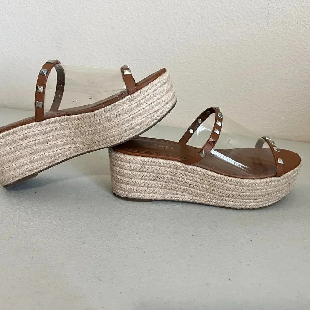 Marc Fisher Womens Leather Studded Espadrille Platform Sandals Brown Size 8 1/2M